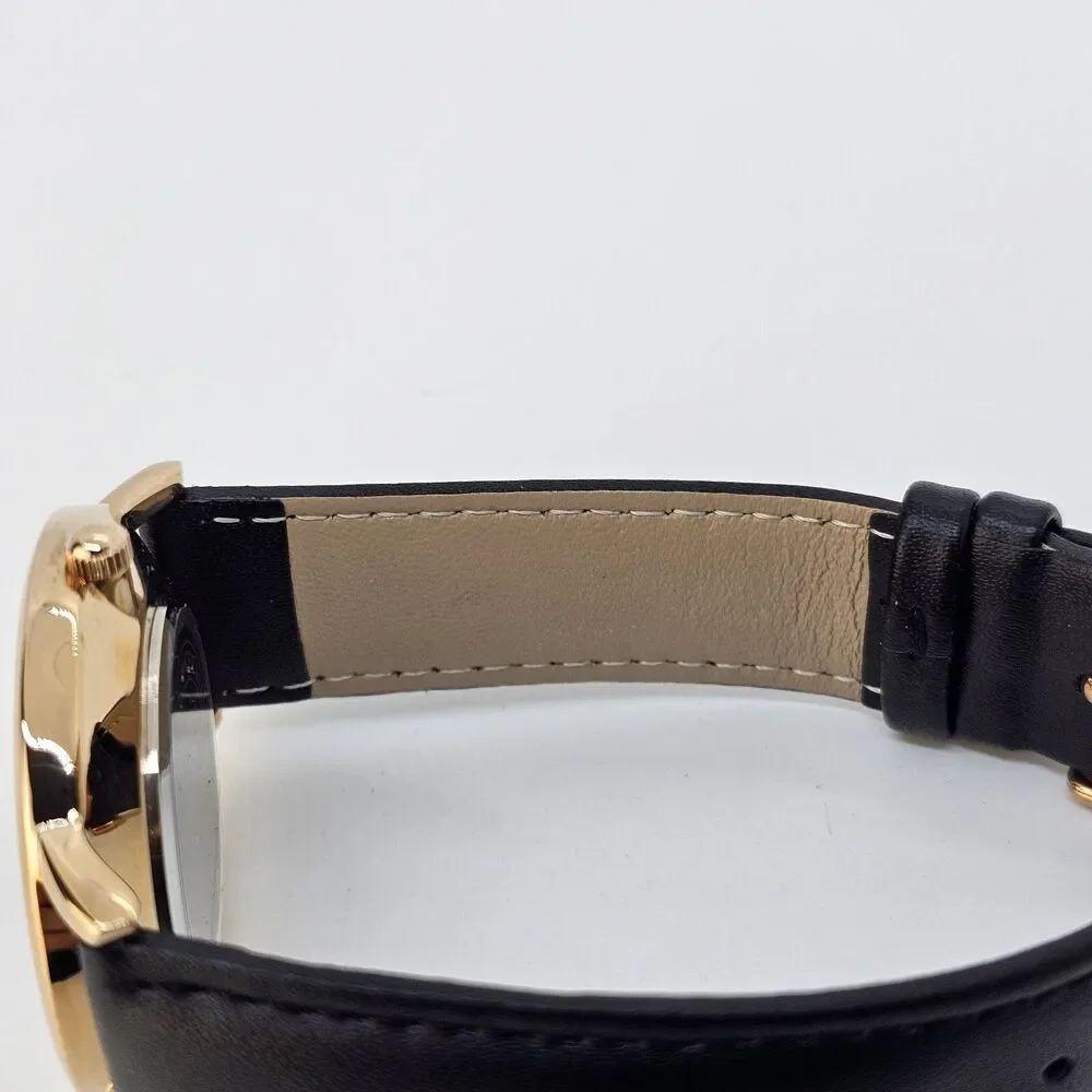 Men's Watch 40MM Black‎ Dial Gold Case Black Leather Band Straps Date Indicator